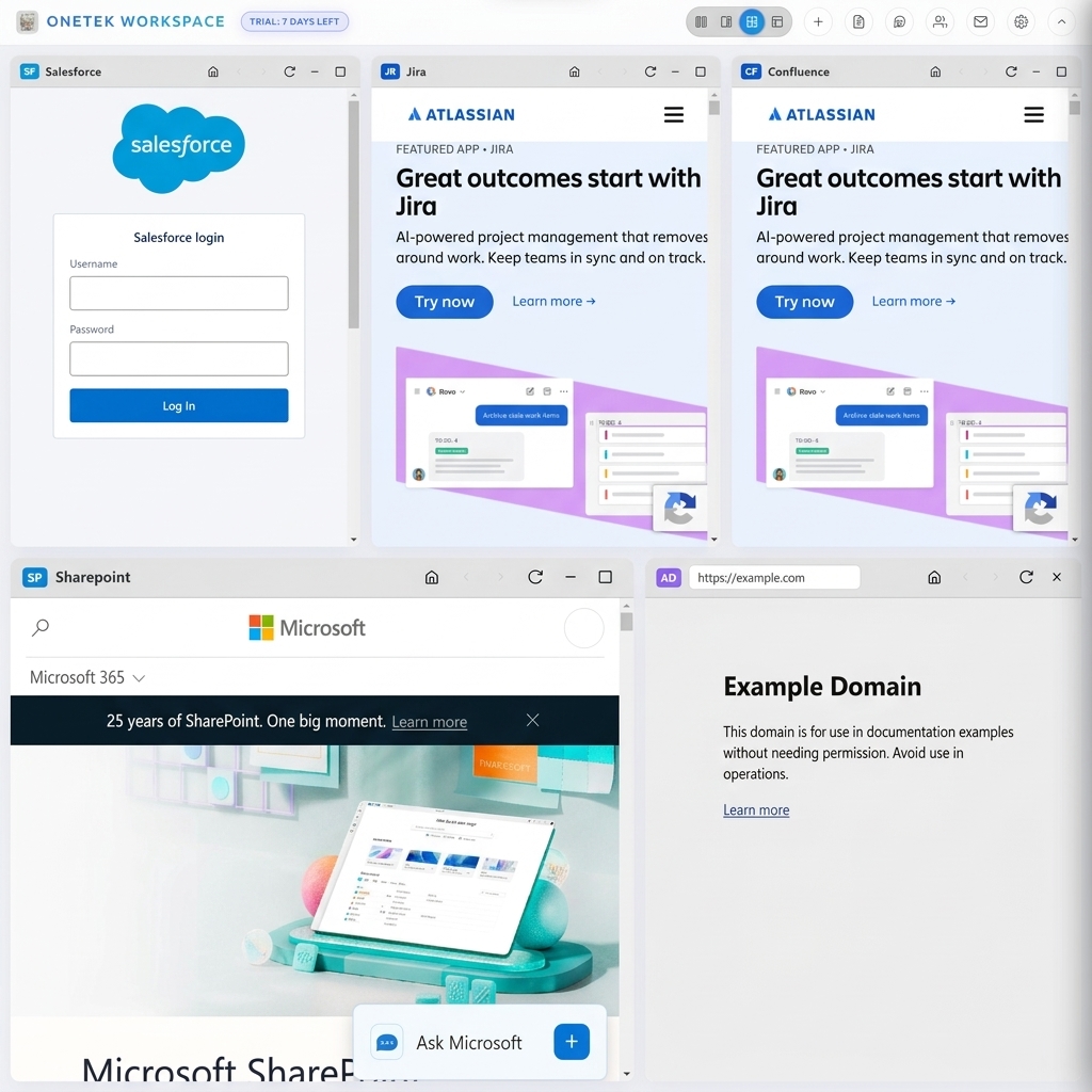 OneTek Workspace multi-pane desktop application showing Salesforce, Jira, SharePoint, and Confluence in a unified window